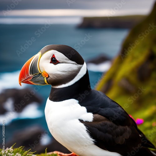 Arctic puffin bird (Fratercula arctica) on the steep cliffs of Iceland, beautiful northern flowers, dramatic waves, low clouds. Generative AI