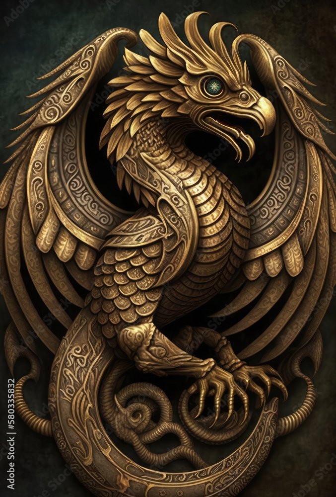 illustration of eagle dragon made of gold, golden statue, deity