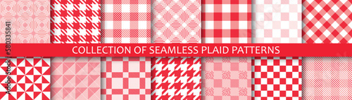 Collection of seamless textile patterns - red geometric design. Vector repeatable plaid backgrounds. Unusual simple fabric textures