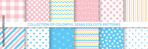 Collection of seamless cute patterns - delicate colorful design. Cartoon endless children prints. Repeatable unusual textile backgrounds