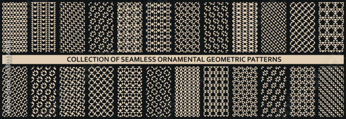 Collection of vector seamless beige geometric patterns. Abstract dark design. Endless decorative backgrounds. Monochrome mosaic textures