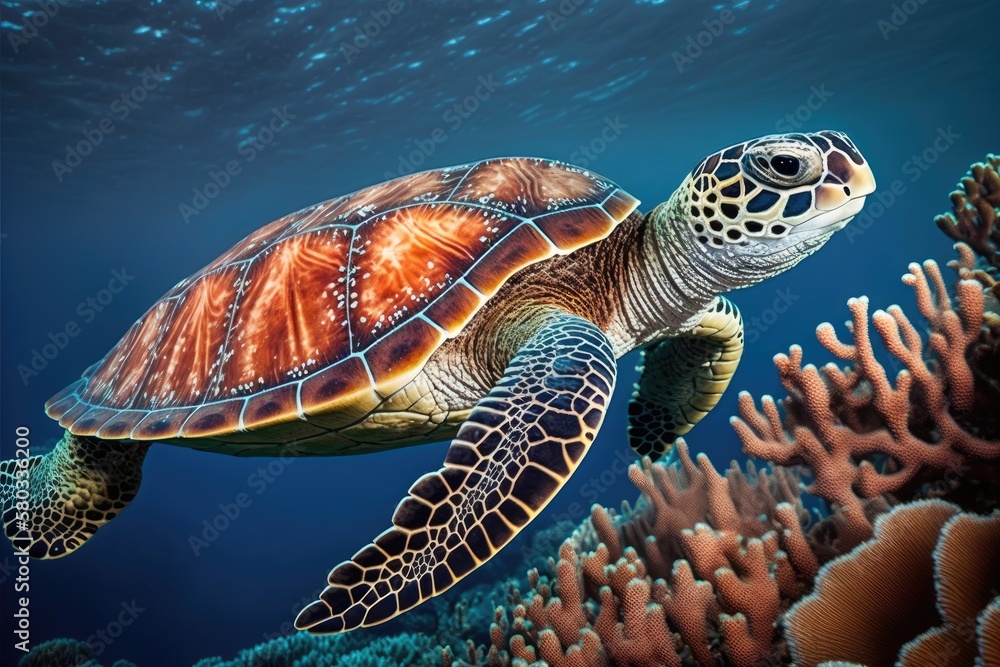 Obraz premium Eretmochelys imbricata, the hawksbill turtle, floats in the water. Indian Ocean coral reef in the Maldives. Generative AI