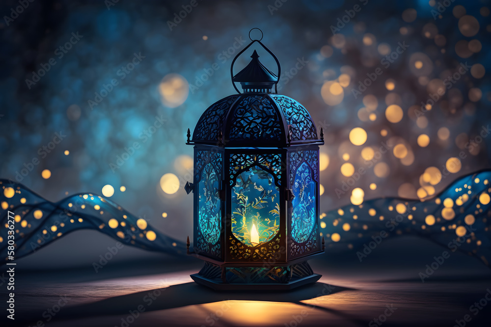 Ramadan Lantern with Colorful Light Glowing at Night and Glittering made with Generative AI
