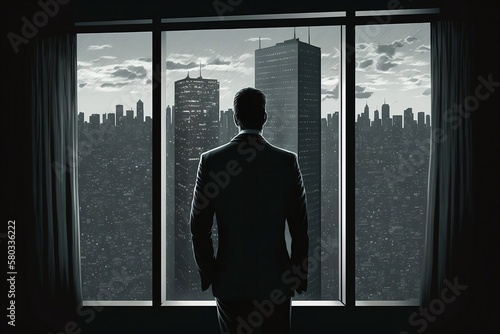 A Buisness man looking out of the window in his bog skyscraper - buisness, rich, man 