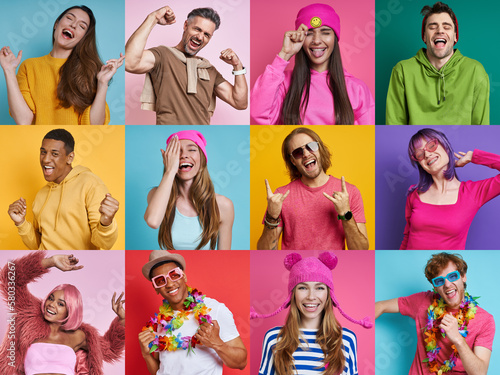 Collection of happy young and beautiful people standing on colorful backgrounds