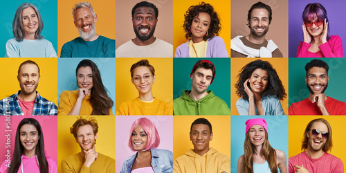 Collection of happy and beautiful people on colorful backgrounds