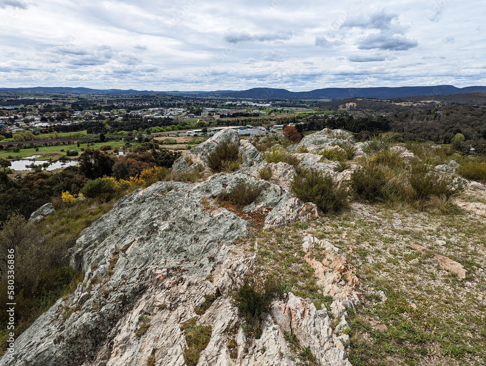 An aerial view across the regional city of Goulburn, N.S.W., Australia from Rocky Hill.