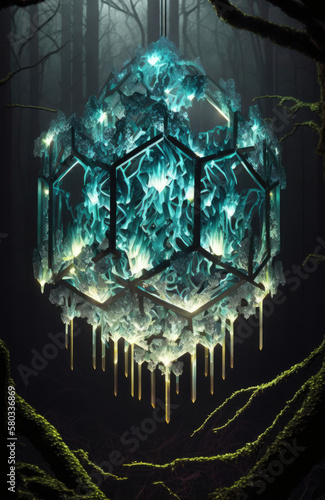 abstract illustration, collection of blue glowing crystal hanging in forest, background image