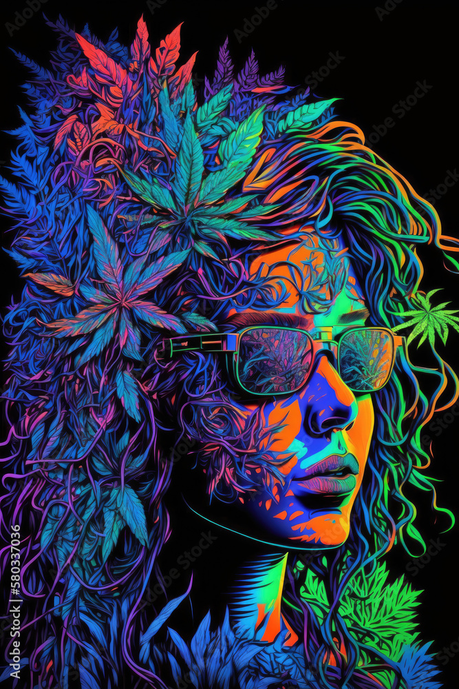 hippie illustration in neon colors, black light, sunglasses, hemp, young woman