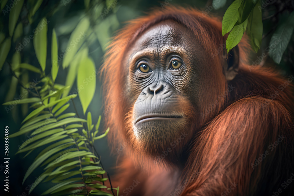 Fototapeta premium Portrait of an orang utan in rainforest of Borneo. Generative AI
