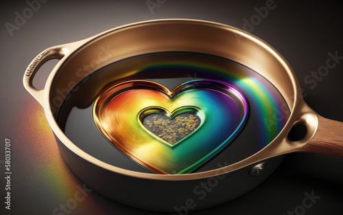 small pan with colorful liquid, a heart in rainbow colors floating in it, love