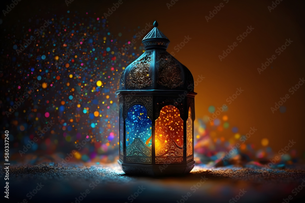 Ramadan Lantern with Colorful Light Glowing at Night and Glittering made with Generative AI Ramadan Lantern with Colorful Light Glowing at Night and Glittering made with Generative AI