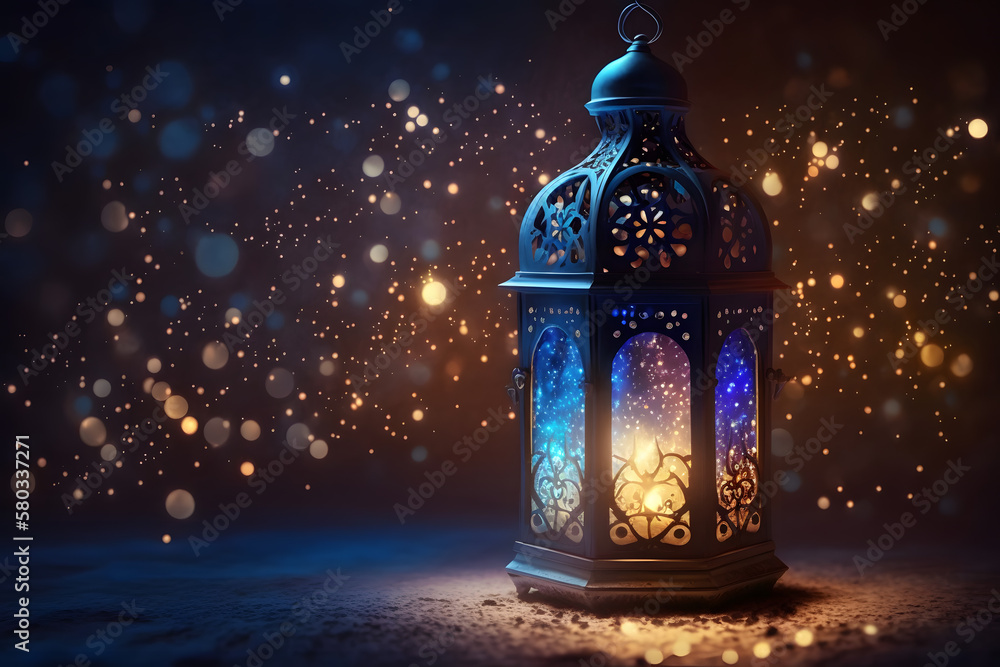 Ramadan Lantern with Colorful Light Glowing at Night and Glittering made with Generative AI Ramadan Lantern with Colorful Light Glowing at Night and Glittering made with Generative AI