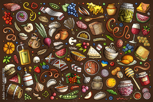 Set of Ukrainian cuisine symbols, items and objects