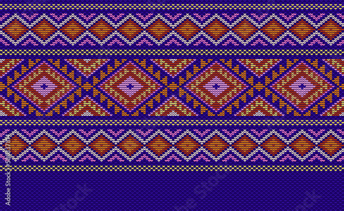 Crochet pattern, Vector cross stitch oriental background, Knitted ethnic retro geometry style, Red and Blue pattern ornate motif, Design for textile, fabric, art, kaftan, pillows