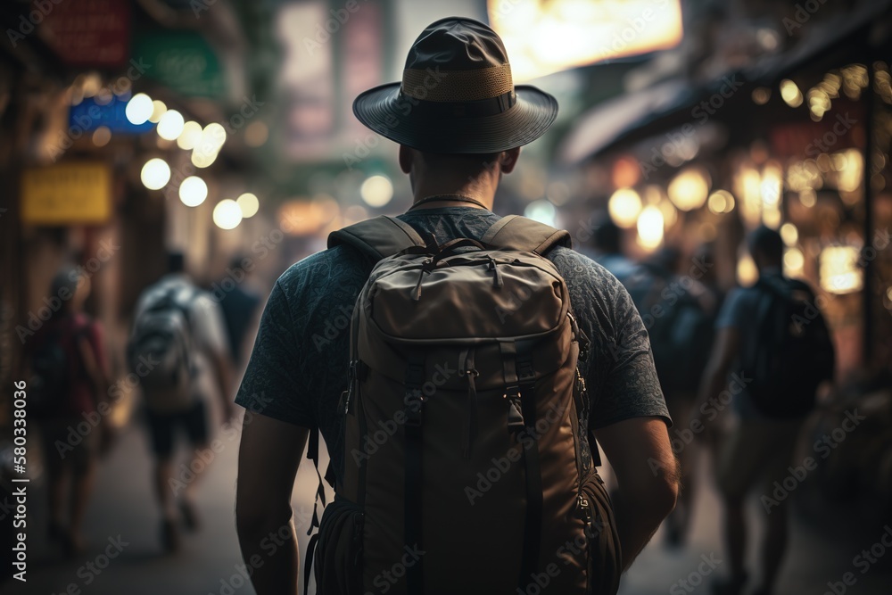 Man with hat and backpack walking in a street. Rear view of a backpacker in a busy street. Generative AI. Man with hat and backpack walking in a street. Rear view of a backpacker in a busy street. Generative AI.