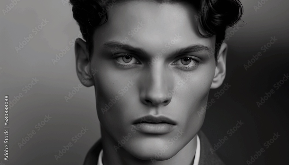 Black and white image of a young guy model. Generative AI.
