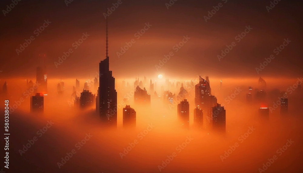 View of the skyscrapers breaking through the clouds, in the orange sunset lighting. Generative AI.