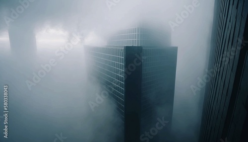 Obraz na plátně Skyscrapers wrapped in a shroud of fog, modern skyscrapers in the haze of morning fog
