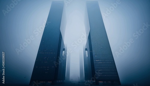 Twin towers, skyscrapers, in bluish lighting, shrouded in morning fog, architecture of the future, concept. Generative AI.