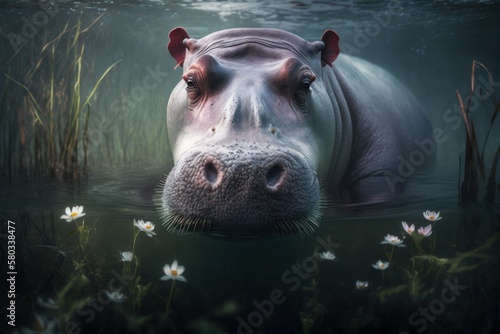 Portrait of a hippopotamus in nature as a digital illustration (Generative AI)