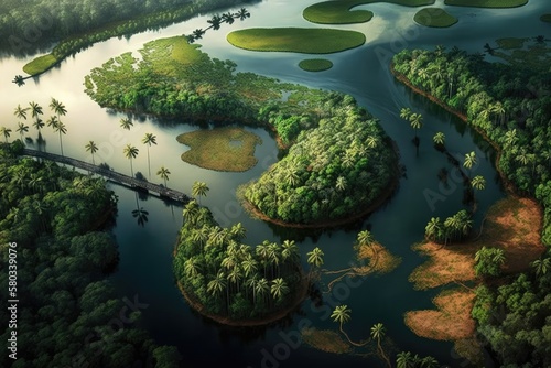 Stunning aerial picture of the Kerala River in God's own nation. Generative AI photo