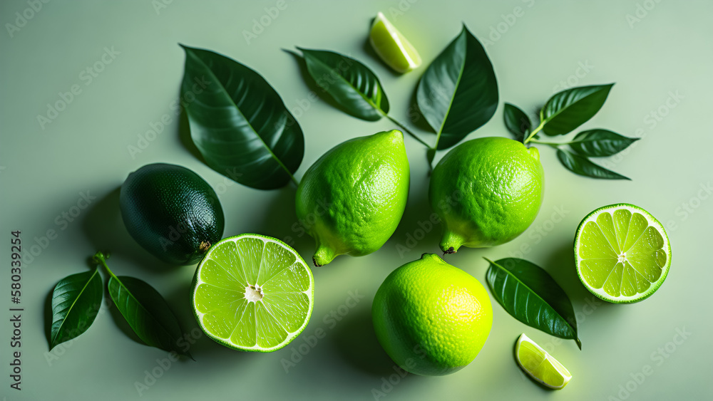 Composition of a set of limes on a plain pastel background.  Generative AI