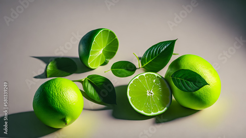 Composition of a set of limes on a plain pastel background. Generative AI