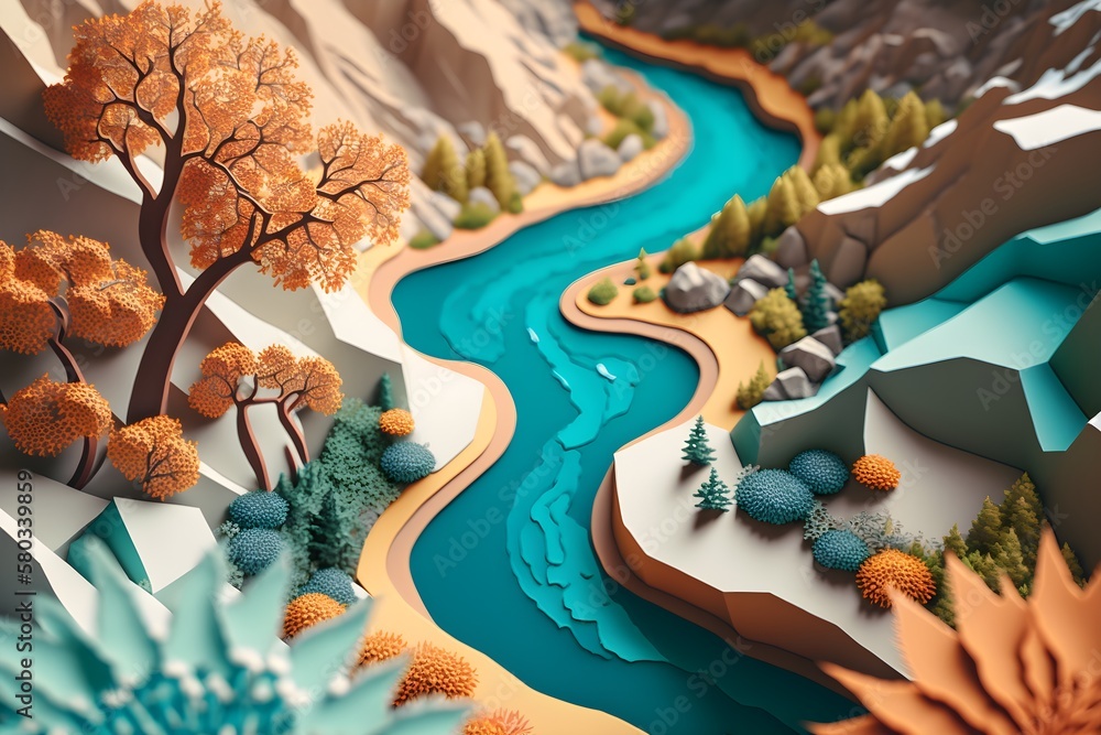 A paper cut out of a river with trees in the background made with generative AI