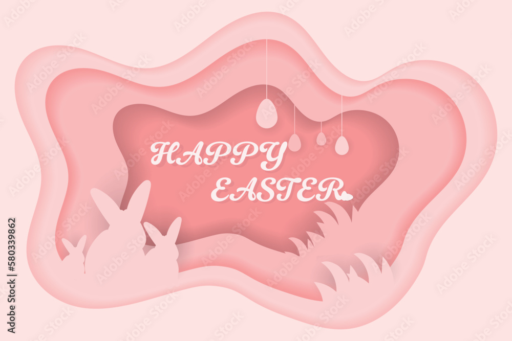 Happy Easter banner with bunnies and eggs. Paper cut style. Designed for backdrop, banner, poster, greeting card, party invitation. Festive pastel colors. Modern minimal style. Happy Easter banner with bunnies and eggs. Paper cut style. Designed for backdrop, banner, poster, greeting card, party invitation. Festive pastel colors. Modern minimal style.