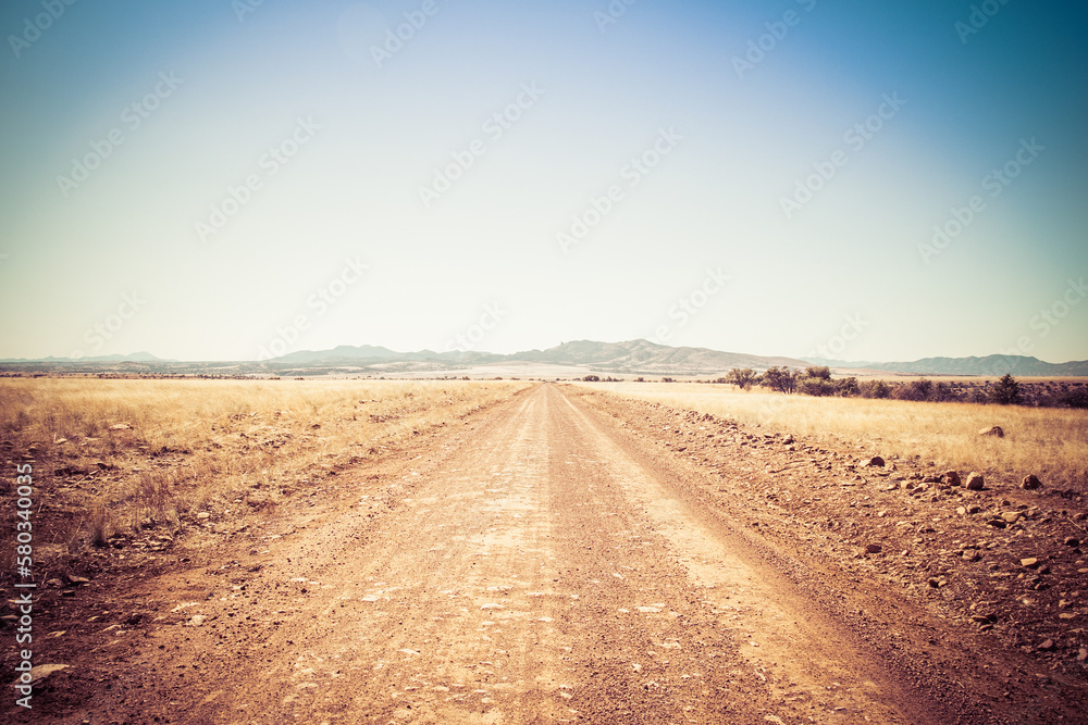 A dirt road leading off into the distance to mountains on the horizon under a clear blue sky.