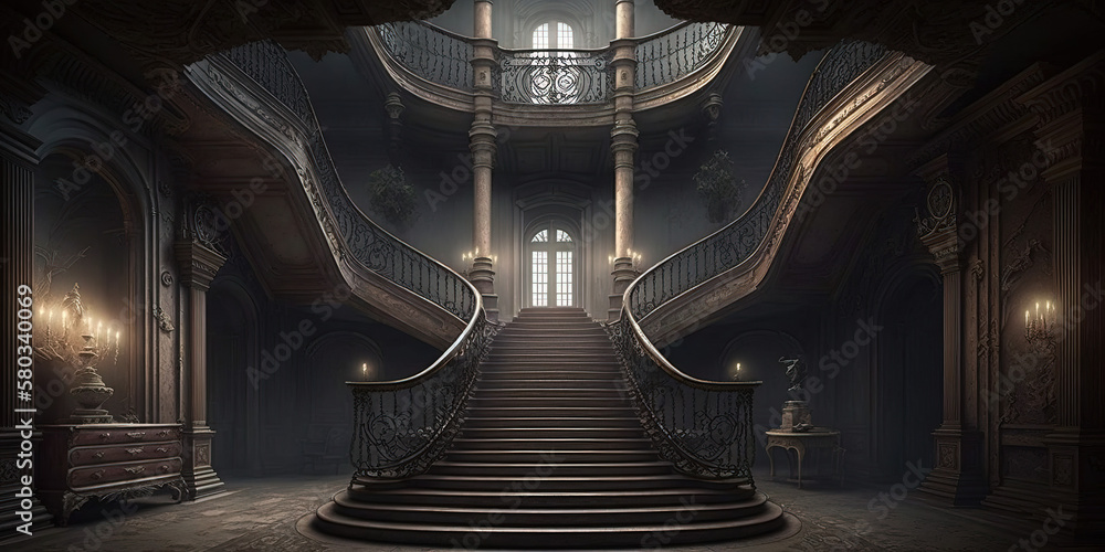 Abandoned mansion, grand staircases and chandeliers, dark corners and