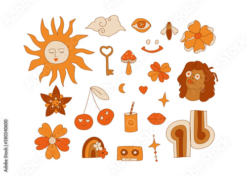Set of elements in the style of 70s colors for design.