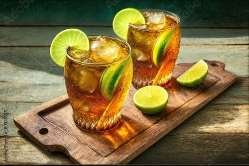 Cool beverage cups of iced tea with lime wedges on a wooden board against a backdrop of green pavement. summer beverages. softer drinks. Generative AI