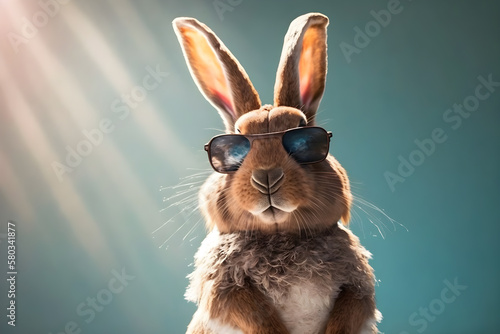 Cool rabbit animal with sunglasses under the direct light, cute and funny bunny ready for Easter, brown fur with long ears - Generative AI