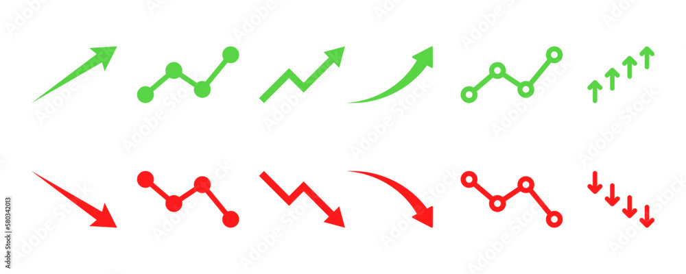 Set of financial arrows up and down. Green and red arrows. Increase and decrease. Vector 10 EPS.