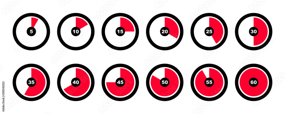 Set of timer vector icons on white background. Timer from 5 minute to 60. Interval time. Set of timer vector icons on white background. Timer from 5 minute to 60. Interval time.