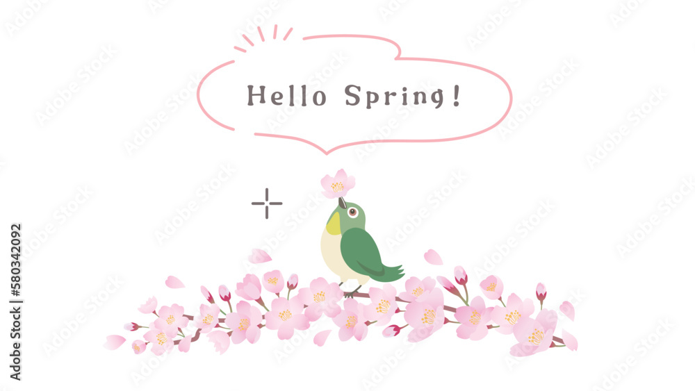 Fototapeta premium 桜の枝にとまるメジロと吹き出しのイラスト