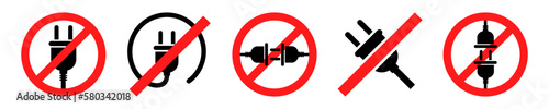 Set of no socket vector icons. Red prohibited or forbidden signs with electric plug or cable. Vector 10 Eps.