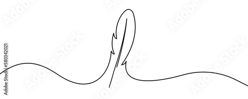 Continuous hand drawn for bird feather on white background. Black abstract vector illustration. Vector 10 EPS.