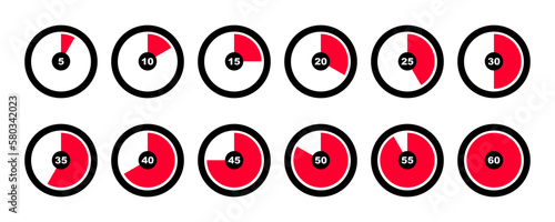 Set of timer vector icons on white background. Timer from 5 minute to 60. Interval time.