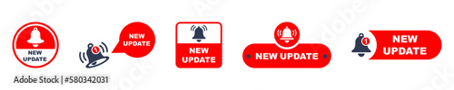 Set of new update vector icons. New improved. Update button with bell. Vector 10 Eps.  photo