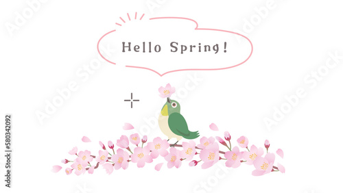 桜の枝にとまるメジロと吹き出しのイラスト
