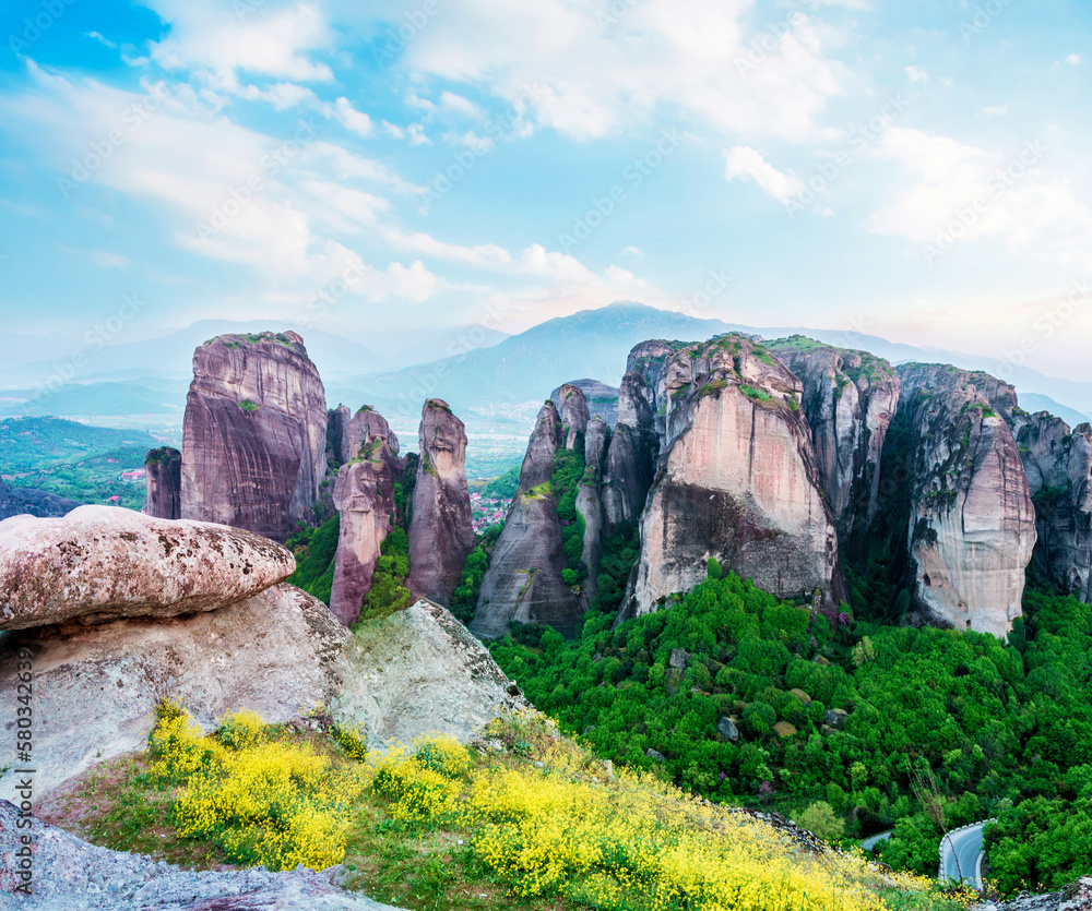 magnificent magical landscape in the famous valley of the Meteora rocks in Greece at sunset. Great amazing world. Attractions.