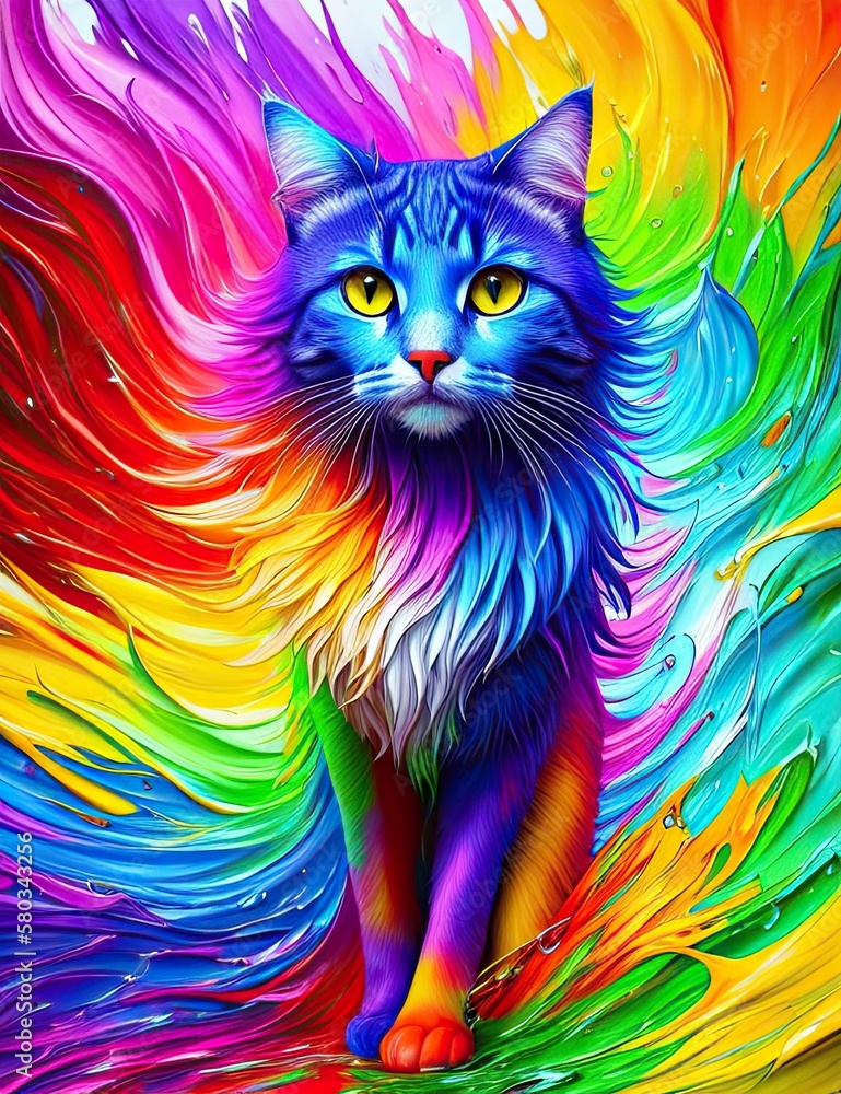 Cat with rainbow splashes of colors