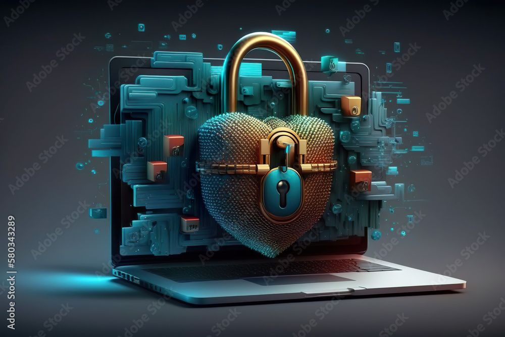 Laptop protection with a padlock protects business secrets in the cloud