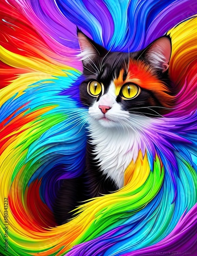 Cat with rainbow splashes of colors