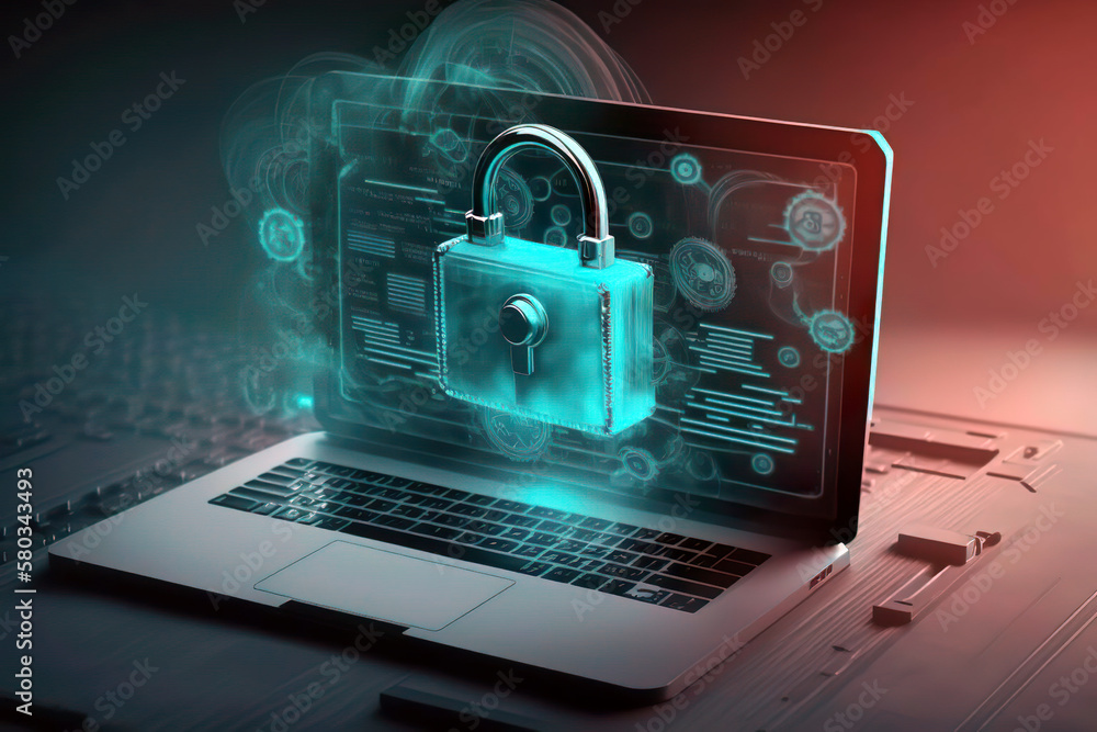 Laptop protection with a padlock protects business secrets in the cloud