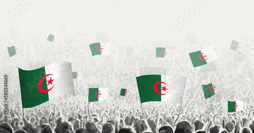 Abstract crowd with flag of Algeria. Peoples protest, revolution, strike and demonstration with flag of Algeria.