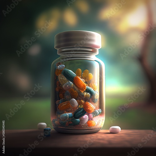 Capsule jar blurred background pills warehouse Generative AI
